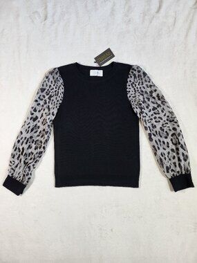 NWT Six / Fifty Black Knit Top with Animal Sheer Sleeves - Size Small
